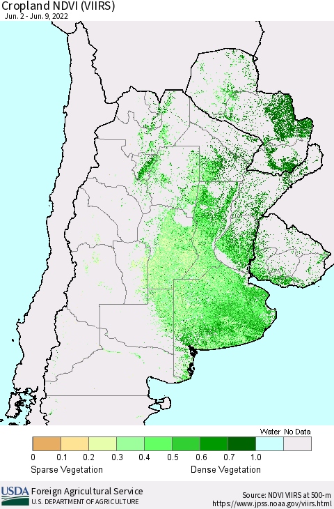 Southern South America Cropland NDVI (VIIRS) Thematic Map For 6/1/2022 - 6/10/2022