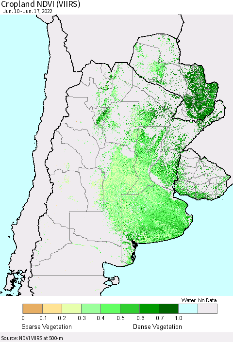 Southern South America Cropland NDVI (VIIRS) Thematic Map For 6/10/2022 - 6/17/2022