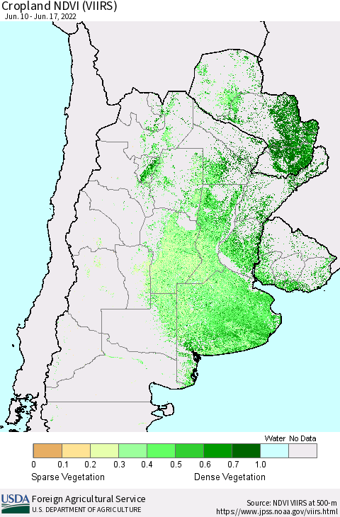 Southern South America Cropland NDVI (VIIRS) Thematic Map For 6/11/2022 - 6/20/2022