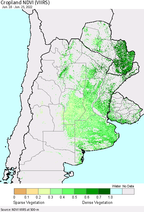 Southern South America Cropland NDVI (VIIRS) Thematic Map For 6/18/2022 - 6/25/2022