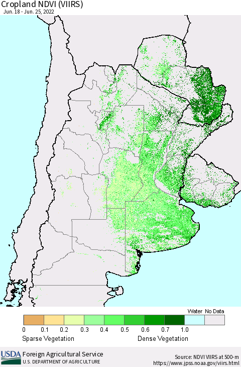 Southern South America Cropland NDVI (VIIRS) Thematic Map For 6/21/2022 - 6/30/2022