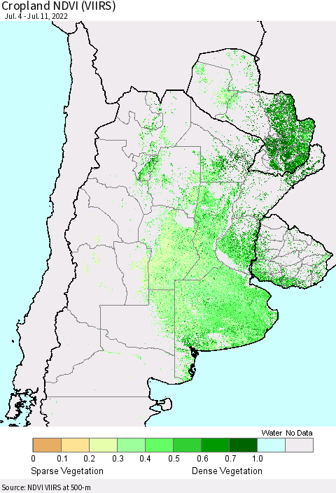 Southern South America Cropland NDVI (VIIRS) Thematic Map For 7/4/2022 - 7/11/2022