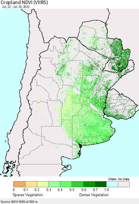 Southern South America Cropland NDVI (VIIRS) Thematic Map For 7/12/2022 - 7/19/2022