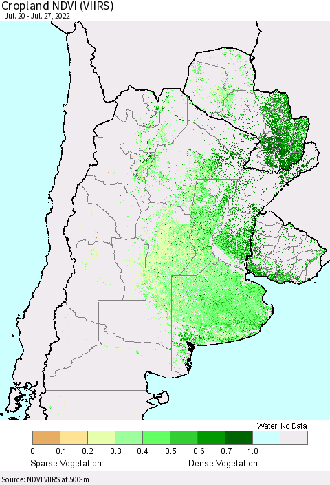 Southern South America Cropland NDVI (VIIRS) Thematic Map For 7/20/2022 - 7/27/2022