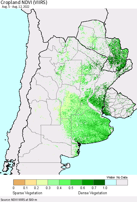 Southern South America Cropland NDVI (VIIRS) Thematic Map For 8/5/2022 - 8/12/2022