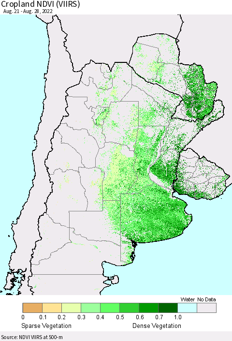 Southern South America Cropland NDVI (VIIRS) Thematic Map For 8/21/2022 - 8/28/2022
