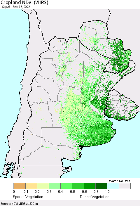 Southern South America Cropland NDVI (VIIRS) Thematic Map For 9/6/2022 - 9/13/2022