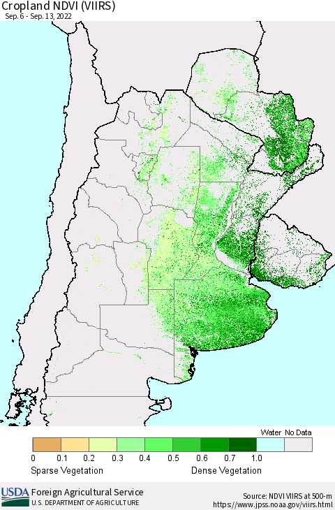 Southern South America Cropland NDVI (VIIRS) Thematic Map For 9/11/2022 - 9/20/2022