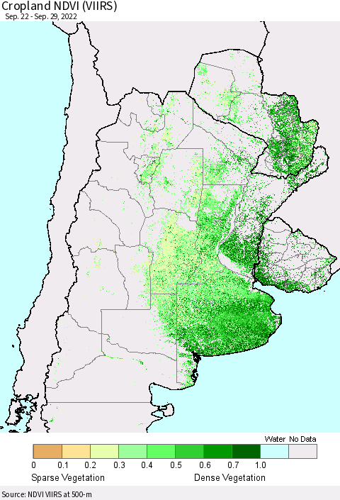 Southern South America Cropland NDVI (VIIRS) Thematic Map For 9/22/2022 - 9/29/2022