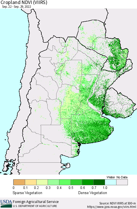 Southern South America Cropland NDVI (VIIRS) Thematic Map For 9/21/2022 - 9/30/2022