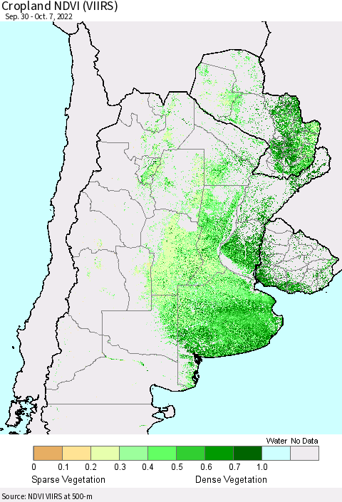 Southern South America Cropland NDVI (VIIRS) Thematic Map For 9/30/2022 - 10/7/2022