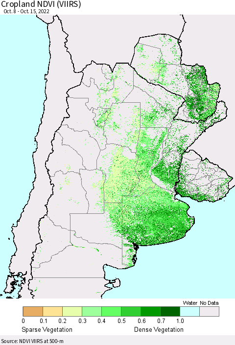 Southern South America Cropland NDVI (VIIRS) Thematic Map For 10/8/2022 - 10/15/2022
