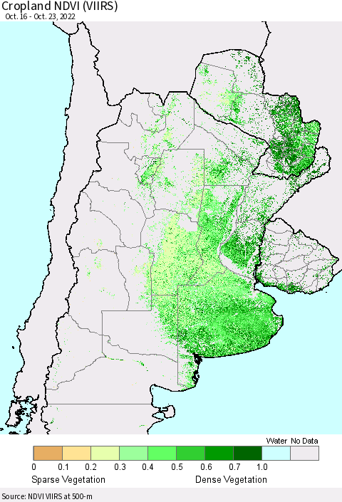 Southern South America Cropland NDVI (VIIRS) Thematic Map For 10/16/2022 - 10/23/2022