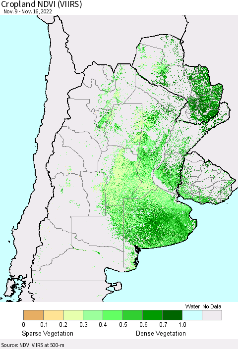 Southern South America Cropland NDVI (VIIRS) Thematic Map For 11/9/2022 - 11/16/2022