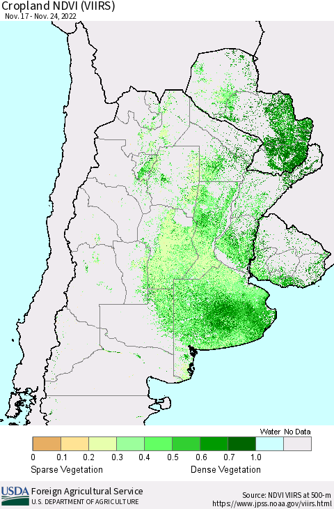 Southern South America Cropland NDVI (VIIRS) Thematic Map For 11/21/2022 - 11/30/2022
