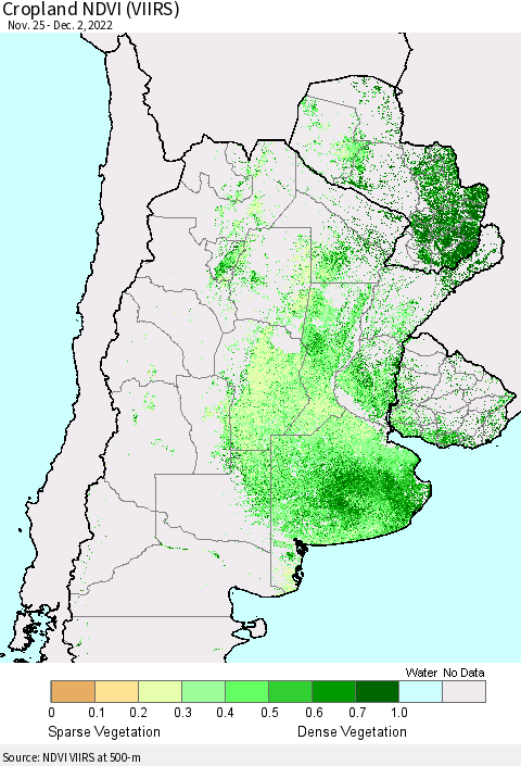 Southern South America Cropland NDVI (VIIRS) Thematic Map For 11/25/2022 - 12/2/2022