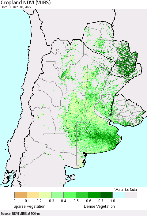 Southern South America Cropland NDVI (VIIRS) Thematic Map For 12/1/2022 - 12/10/2022