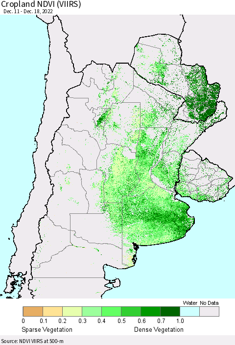 Southern South America Cropland NDVI (VIIRS) Thematic Map For 12/11/2022 - 12/18/2022