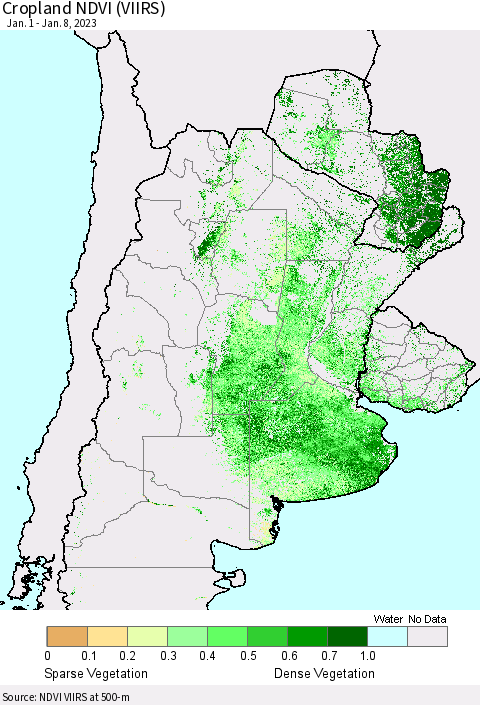 Southern South America Cropland NDVI (VIIRS) Thematic Map For 1/1/2023 - 1/8/2023