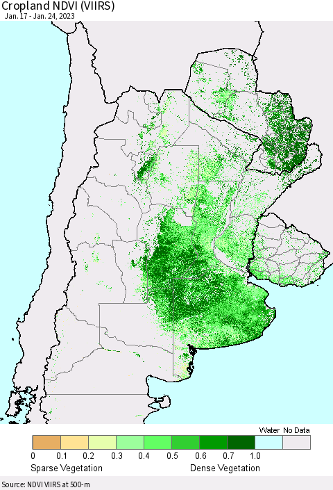 Southern South America Cropland NDVI (VIIRS) Thematic Map For 1/17/2023 - 1/24/2023