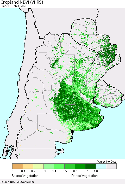 Southern South America Cropland NDVI (VIIRS) Thematic Map For 1/25/2023 - 2/1/2023