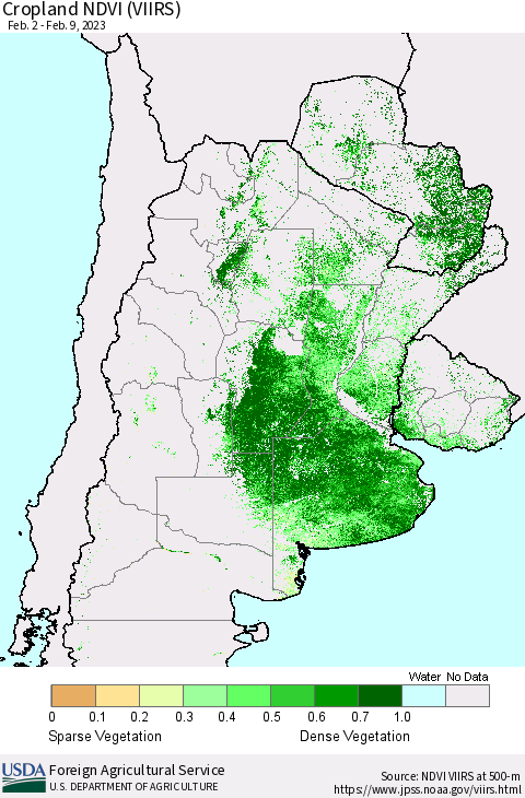 Southern South America Cropland NDVI (VIIRS) Thematic Map For 2/1/2023 - 2/10/2023