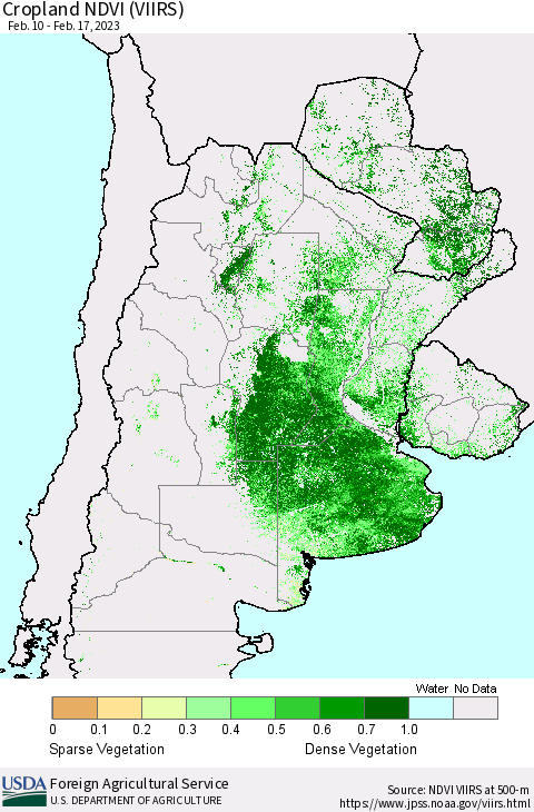 Southern South America Cropland NDVI (VIIRS) Thematic Map For 2/11/2023 - 2/20/2023