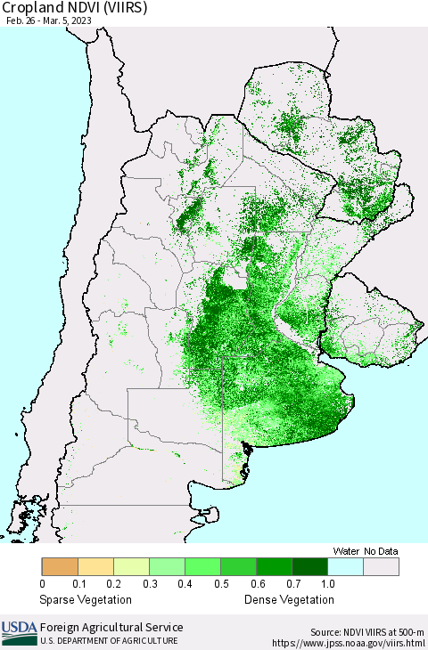 Southern South America Cropland NDVI (VIIRS) Thematic Map For 3/1/2023 - 3/10/2023