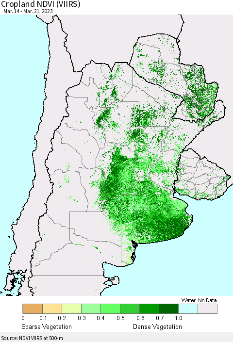 Southern South America Cropland NDVI (VIIRS) Thematic Map For 3/14/2023 - 3/21/2023