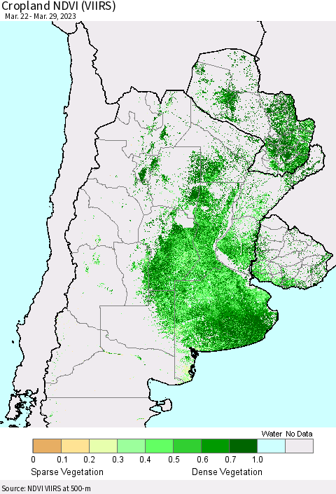 Southern South America Cropland NDVI (VIIRS) Thematic Map For 3/22/2023 - 3/29/2023