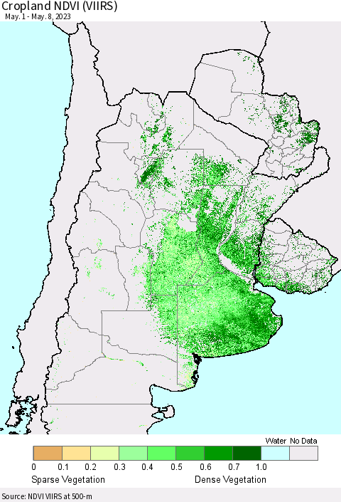Southern South America Cropland NDVI (VIIRS) Thematic Map For 5/1/2023 - 5/8/2023