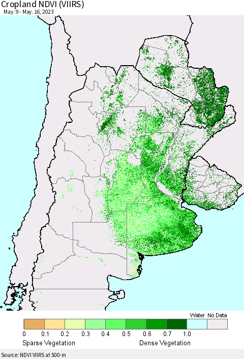 Southern South America Cropland NDVI (VIIRS) Thematic Map For 5/9/2023 - 5/16/2023