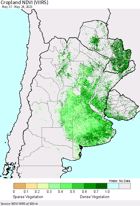 Southern South America Cropland NDVI (VIIRS) Thematic Map For 5/17/2023 - 5/24/2023