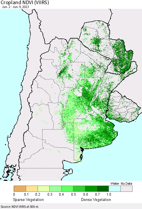 Southern South America Cropland NDVI (VIIRS) Thematic Map For 6/2/2023 - 6/9/2023