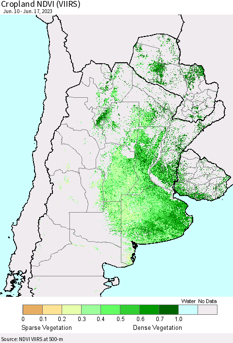 Southern South America Cropland NDVI (VIIRS) Thematic Map For 6/10/2023 - 6/17/2023