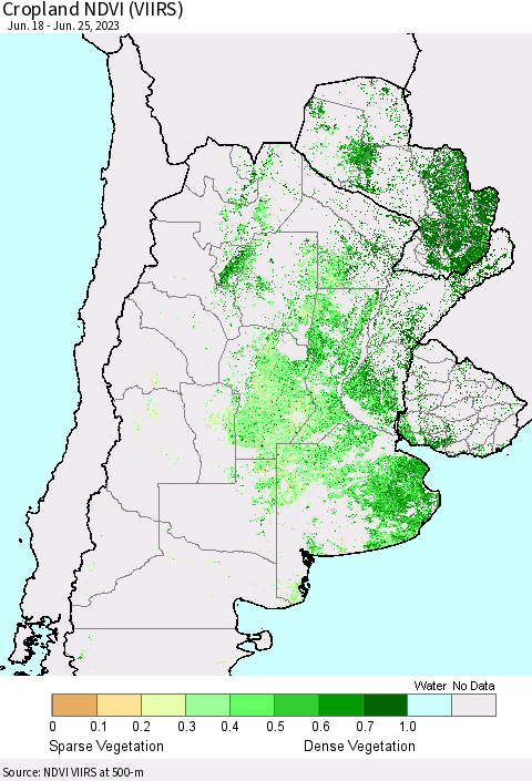 Southern South America Cropland NDVI (VIIRS) Thematic Map For 6/18/2023 - 6/25/2023