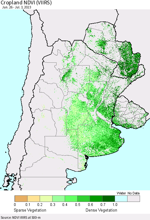 Southern South America Cropland NDVI (VIIRS) Thematic Map For 6/26/2023 - 7/3/2023