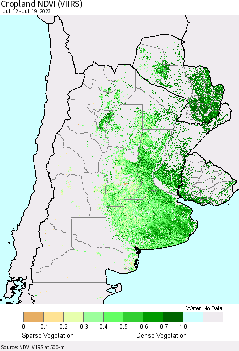 Southern South America Cropland NDVI (VIIRS) Thematic Map For 7/12/2023 - 7/19/2023