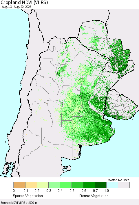 Southern South America Cropland NDVI (VIIRS) Thematic Map For 8/13/2023 - 8/20/2023