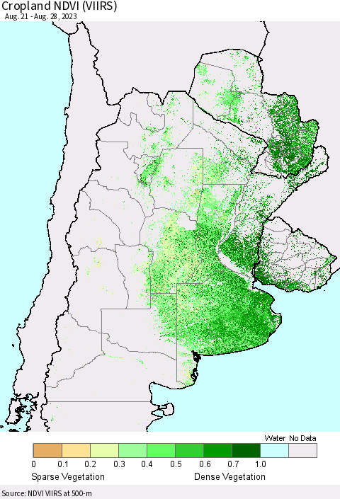 Southern South America Cropland NDVI (VIIRS) Thematic Map For 8/21/2023 - 8/28/2023