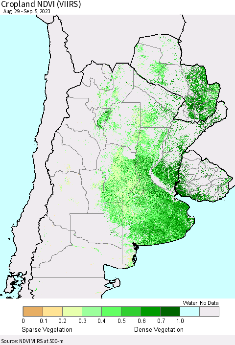 Southern South America Cropland NDVI (VIIRS) Thematic Map For 8/29/2023 - 9/5/2023