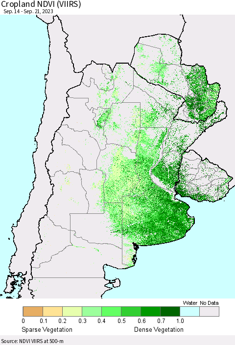 Southern South America Cropland NDVI (VIIRS) Thematic Map For 9/14/2023 - 9/21/2023