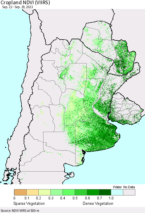 Southern South America Cropland NDVI (VIIRS) Thematic Map For 9/22/2023 - 9/29/2023