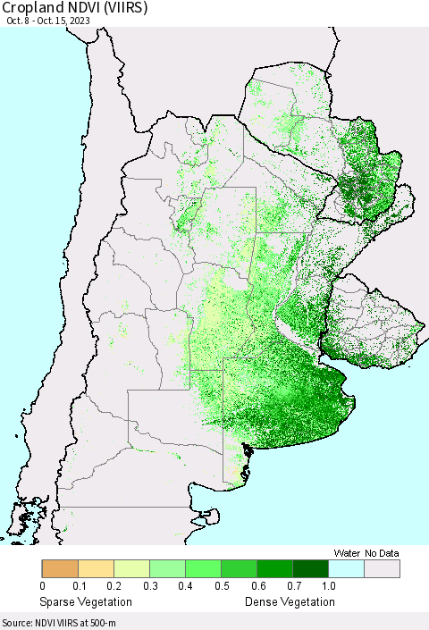 Southern South America Cropland NDVI (VIIRS) Thematic Map For 10/8/2023 - 10/15/2023