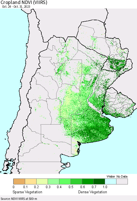 Southern South America Cropland NDVI (VIIRS) Thematic Map For 10/24/2023 - 10/31/2023