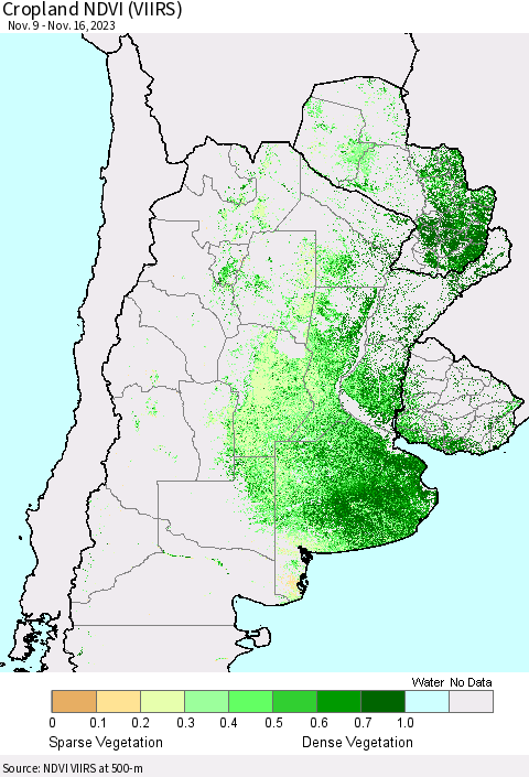 Southern South America Cropland NDVI (VIIRS) Thematic Map For 11/9/2023 - 11/16/2023