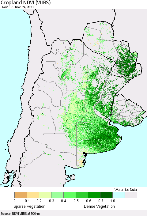 Southern South America Cropland NDVI (VIIRS) Thematic Map For 11/17/2023 - 11/24/2023