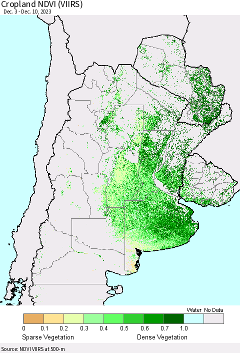 Southern South America Cropland NDVI (VIIRS) Thematic Map For 12/3/2023 - 12/10/2023