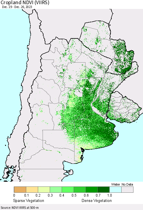 Southern South America Cropland NDVI (VIIRS) Thematic Map For 12/19/2023 - 12/26/2023
