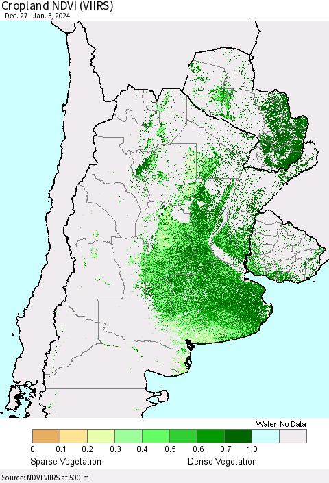 Southern South America Cropland NDVI (VIIRS) Thematic Map For 12/27/2023 - 1/3/2024